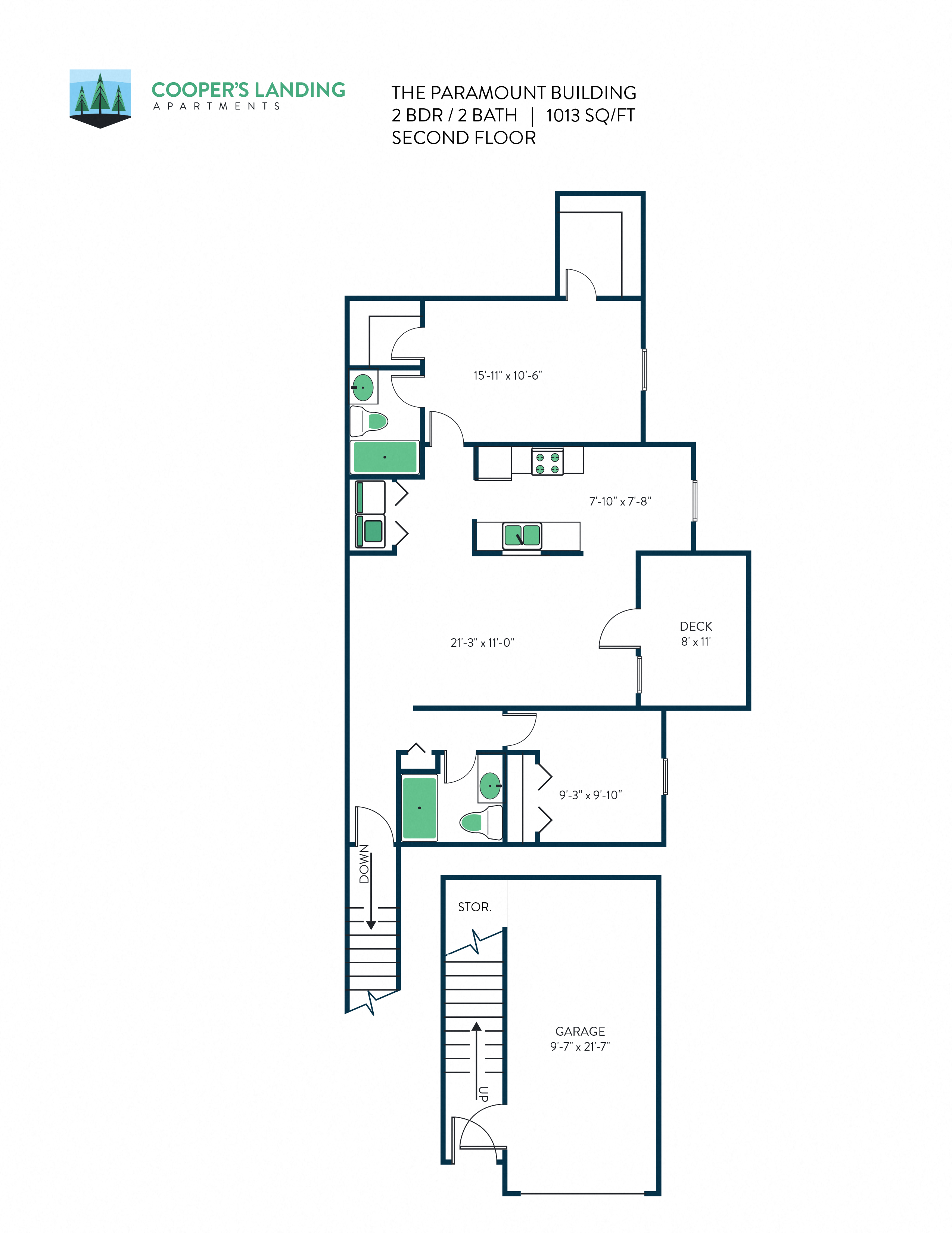 Floor plan for 2 beds, 2 baths, 1013 sqft